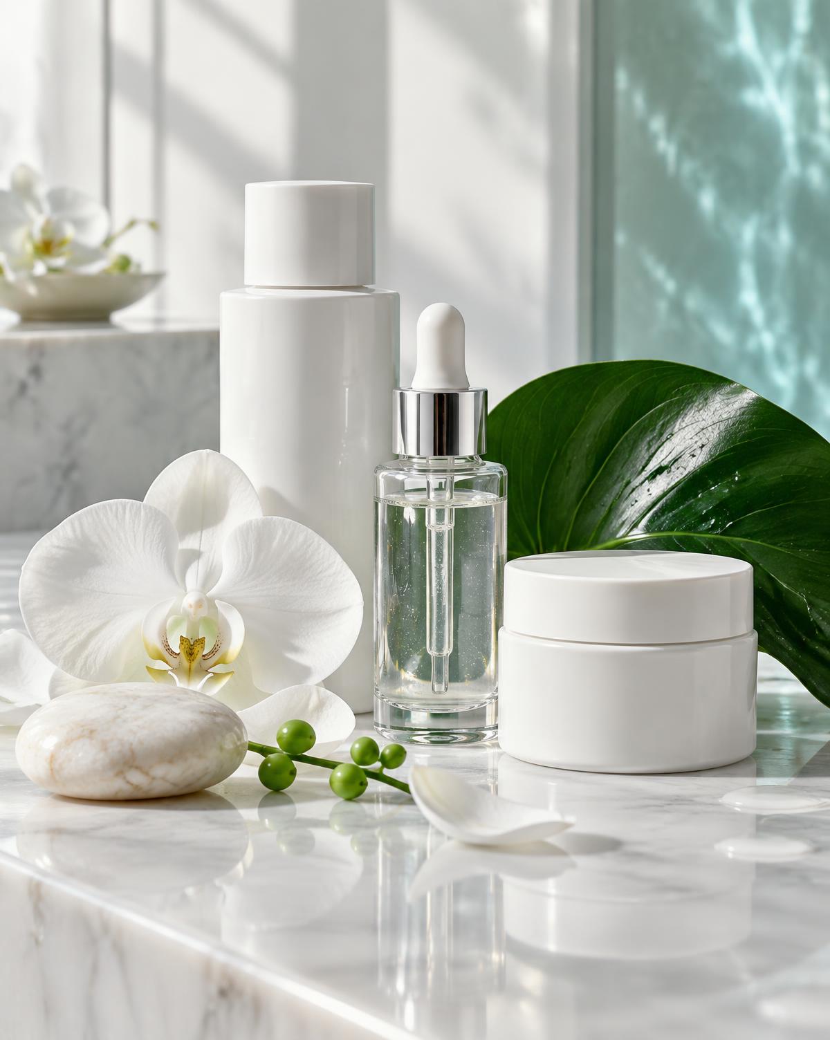 Minimal skincare vessels with an orchid and emerald leaf