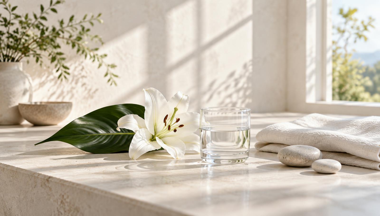 Serene lily, water, linen, and stones in soft window light