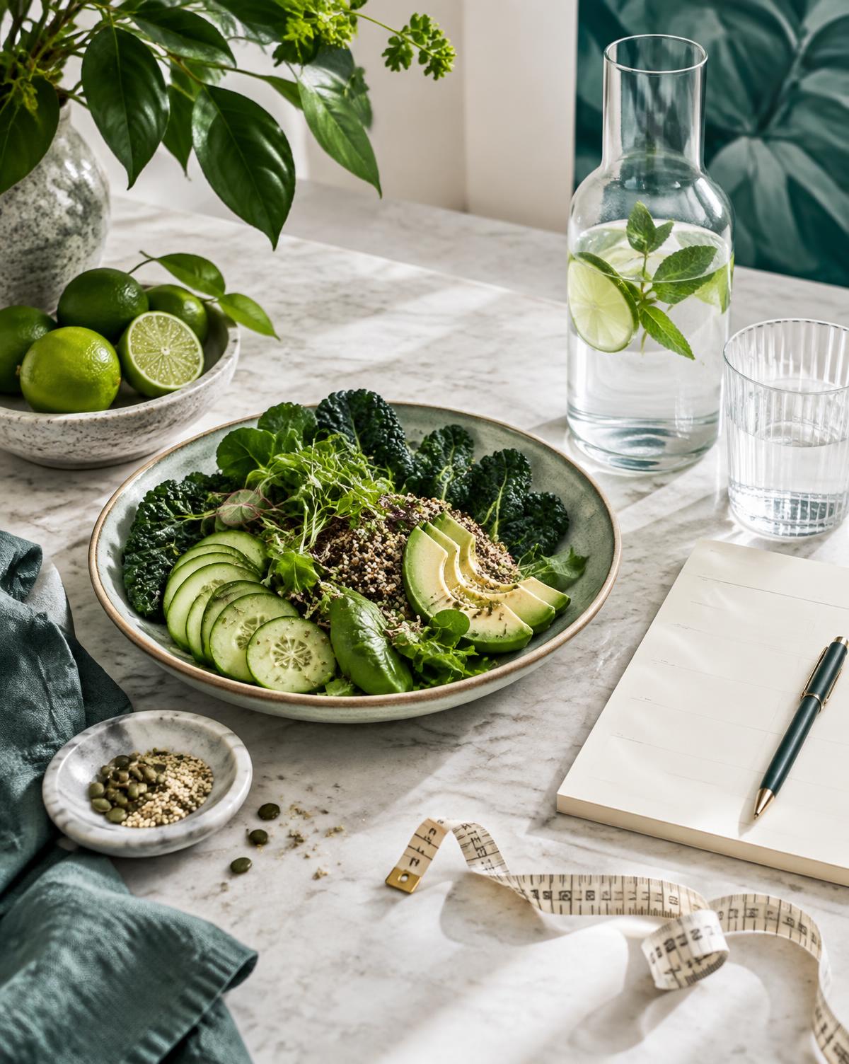 Balanced greens, citrus water, and a wellness planner